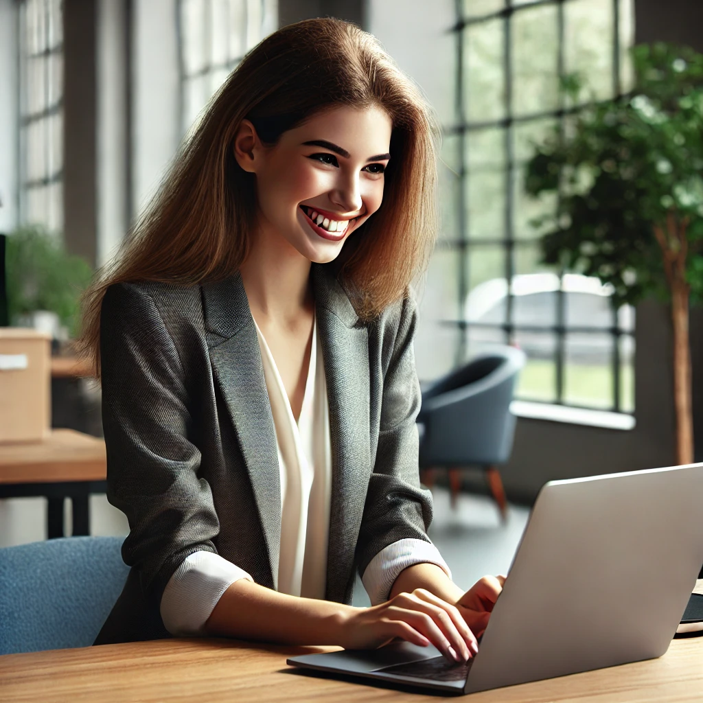 Una joven mujer caucásica sonriendo con satisfacción mientras trabaja en su computadora portátil en una oficina moderna. Está vestida con ropa profesional y parece feliz con su trabajo eficiente. El fondo incluye un escritorio ordenado, plantas de interior y grandes ventanas que dejan entrar la luz natural. La escena es realista, con colores, texturas e iluminación naturales.